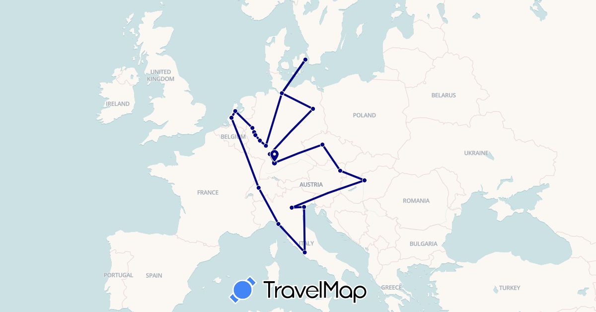 TravelMap itinerary: driving in Austria, Switzerland, Czech Republic, Germany, Denmark, Hungary, Italy, Netherlands (Europe)